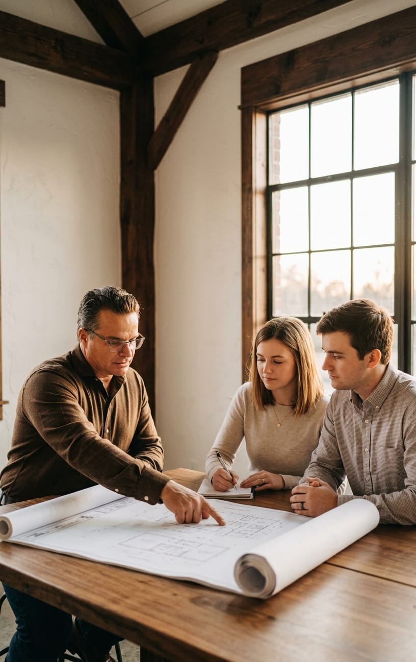 Jeremiah Blakley reviewing floor plans with clients